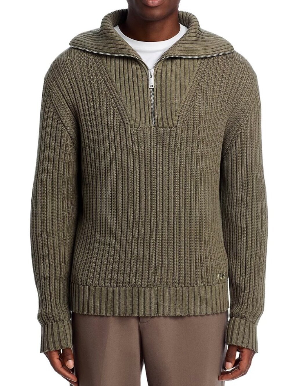 Hugo Boss Men's HUGO Srigg 1/2 Zip Funnel Neck Pullover Ribbed Knit Sweater Grey